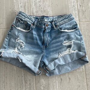 Stylish Distressed Blue Jean Shorts with eyelet lace detail